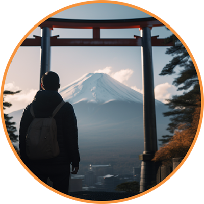 We Online Japanese Language: A young man looks through the Torii gate at Japan's Mt. Fuji, symbolizing the cultural immersion and language learning experience in the Land of the Rising Sun.