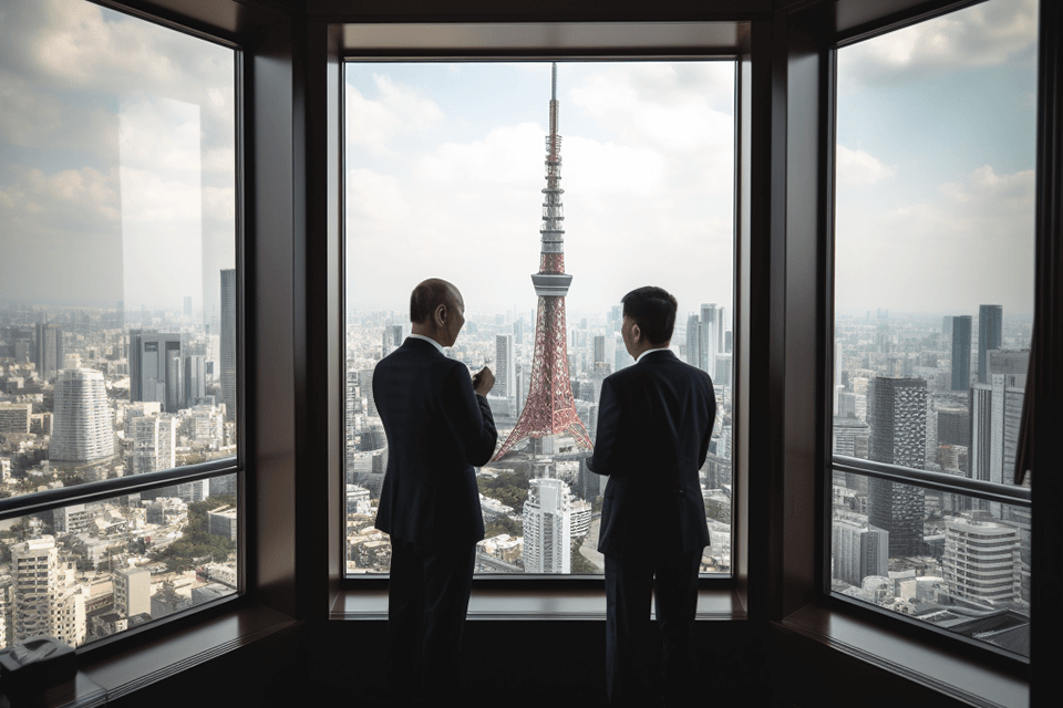 Two businessmen stand talking by an office window. Conversation about business
