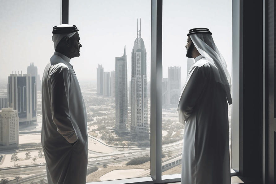 Office in Dubai, two businessmen talking business by the window, view of Dubai in the window