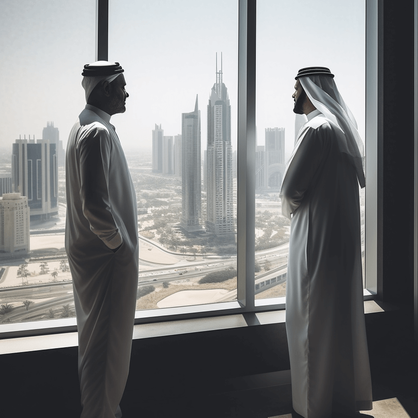 Office in Dubai, two businessmen talking business by the window, view of Dubai in the window