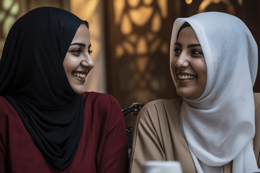 Two Arabic women smile and chat at a cafe in Doha, Qatar