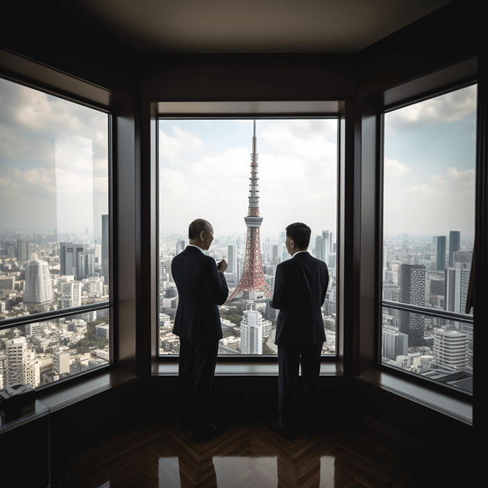 An image of an online language school We's business conversation course. Two male businessmen are dialoguing by the window of his office. Tokyo Tower can be seen from the window.