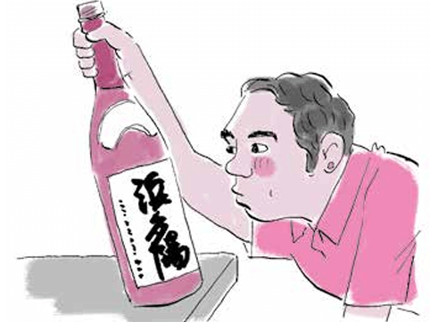 Illustration of man checking sake label
