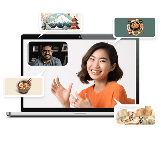 オンライン語学学校Weのプライベートレッスンのイメージ。女性と男性がパソコンでそれぞれの国の風景や食べ物について話している。吹き出しには寿司、ラーメン、富士山、エアーズロックの写真が映し出されている。