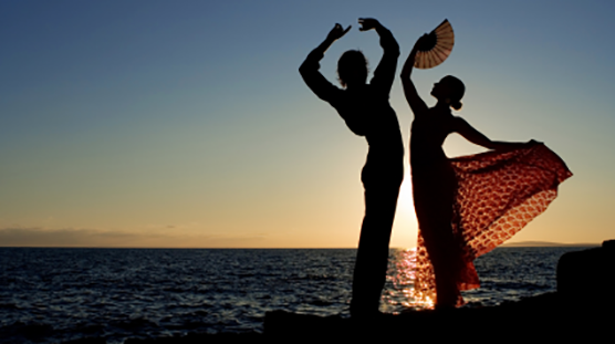 世界のバレンタインデーに関するブログのイメージフォト。スペインのバレンタインデーを説明する画像。海辺でサンセットをバックにフラミンゴの踊るカップル。